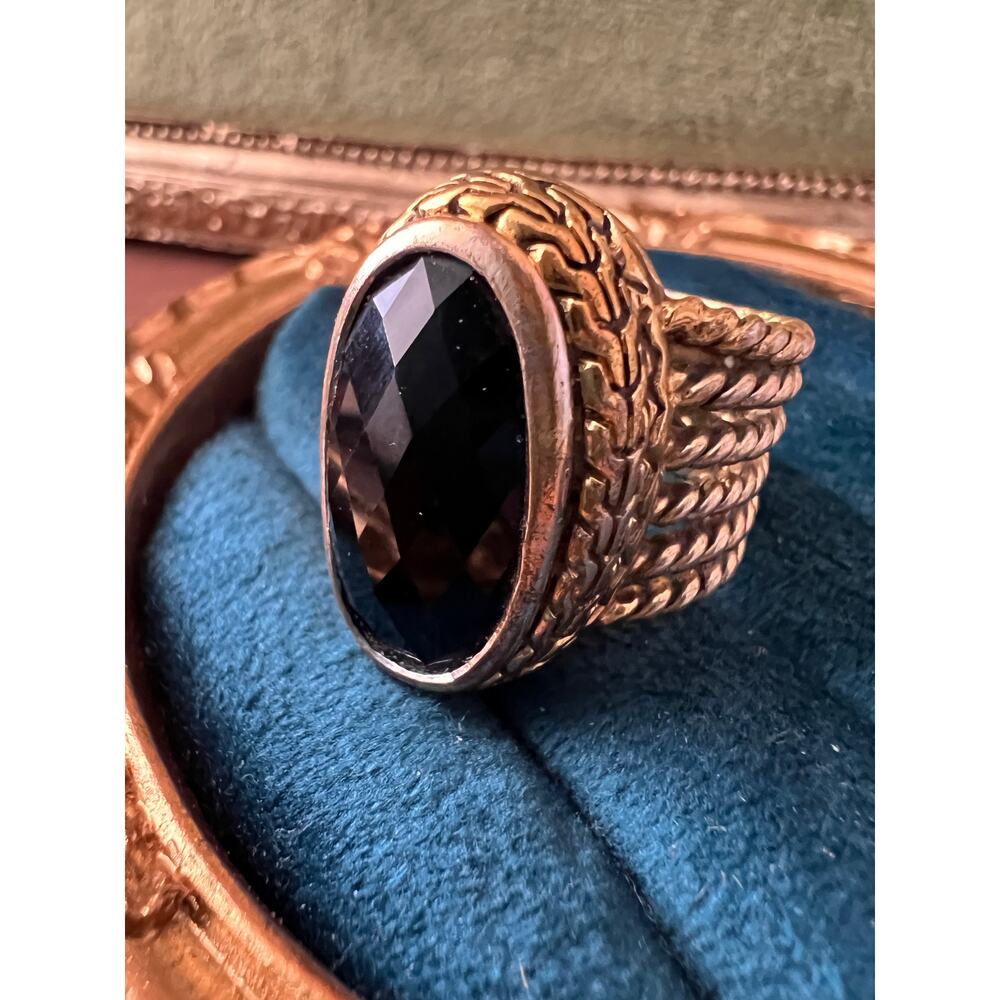 TF 925 Sterling Silver Ring Sz 7.75 Gold Vermeil Black Onyx Statement Wov